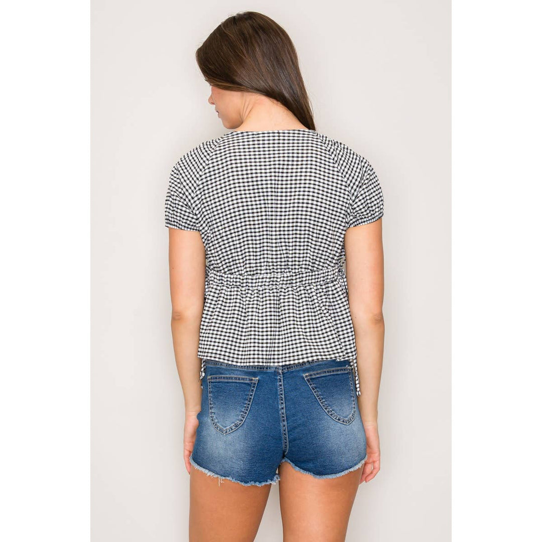 Gingham V-Neck Top with Side Tie and Puff Sleeve
