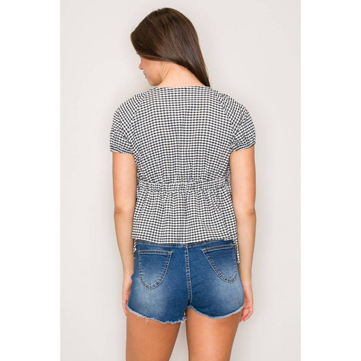 Gingham V-Neck Top with Side Tie and Puff Sleeve