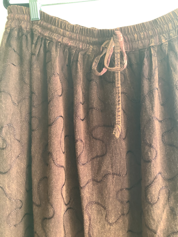 Brown Embroidered Rayon Midi Skirt