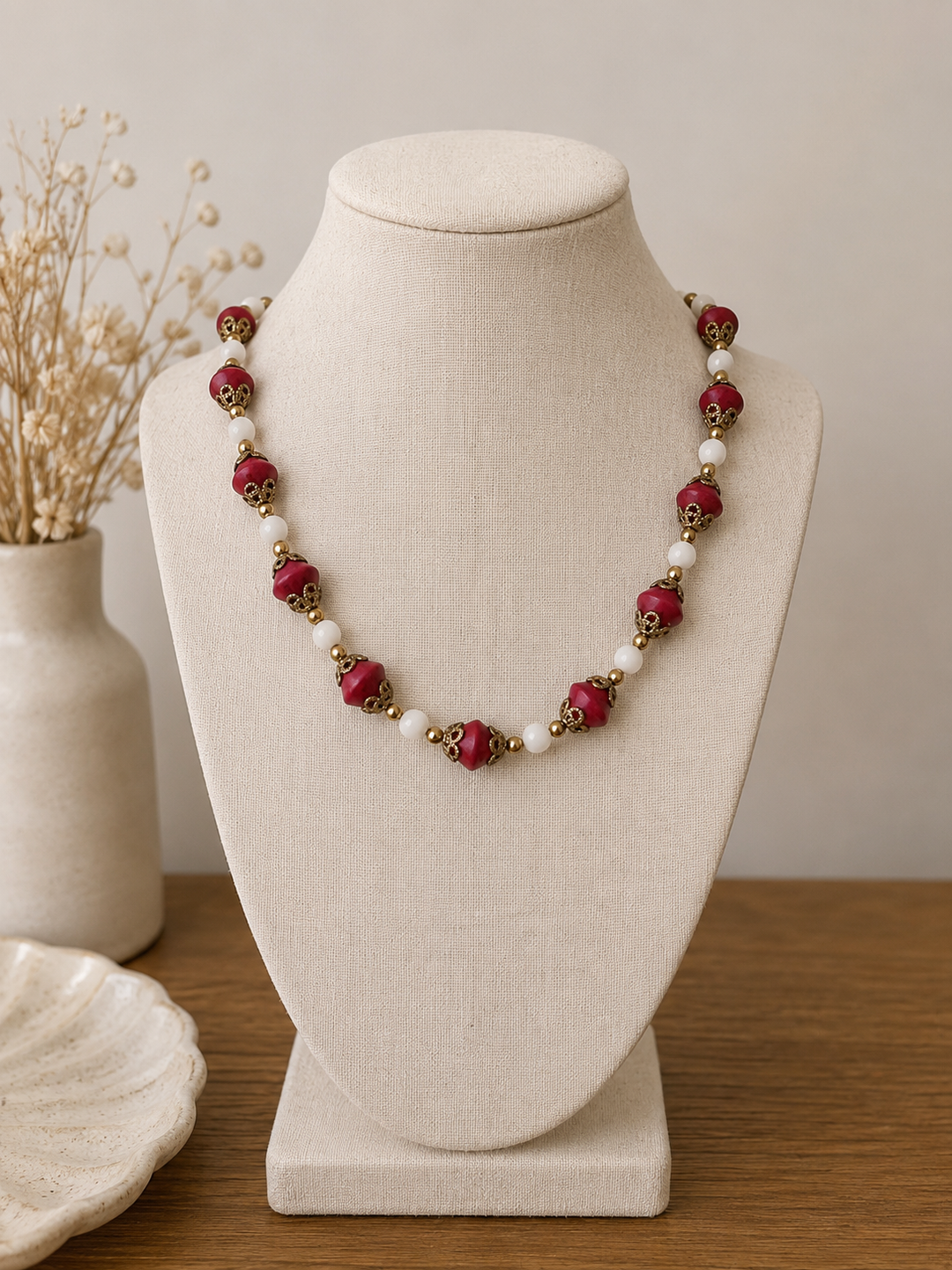 Ruby and Ivory Vintage Beaded Necklace