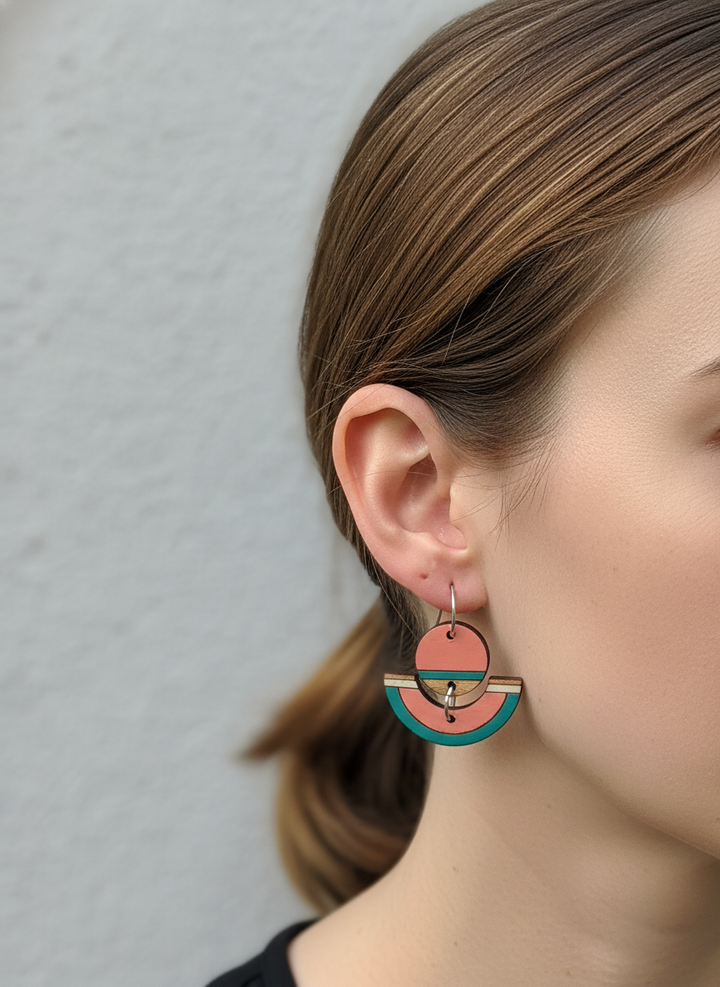 Geometric Semicircle + Circle wooden dangle earrings- Sick Chick (Revelstoke, BC)