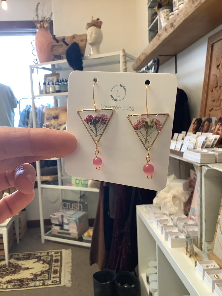Pink Wildflower Triangle Resin Earrings- Love From Lupa