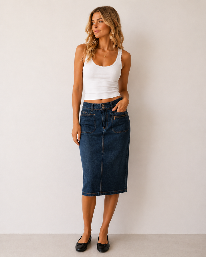 Contrast Stitch Denim Midi Skirt