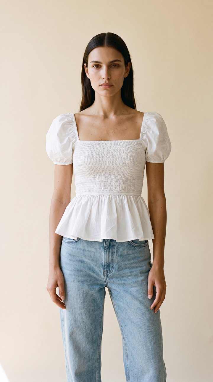 Sera – Cotton Poplin Puff Sleeve Peplum Blouse Top In White