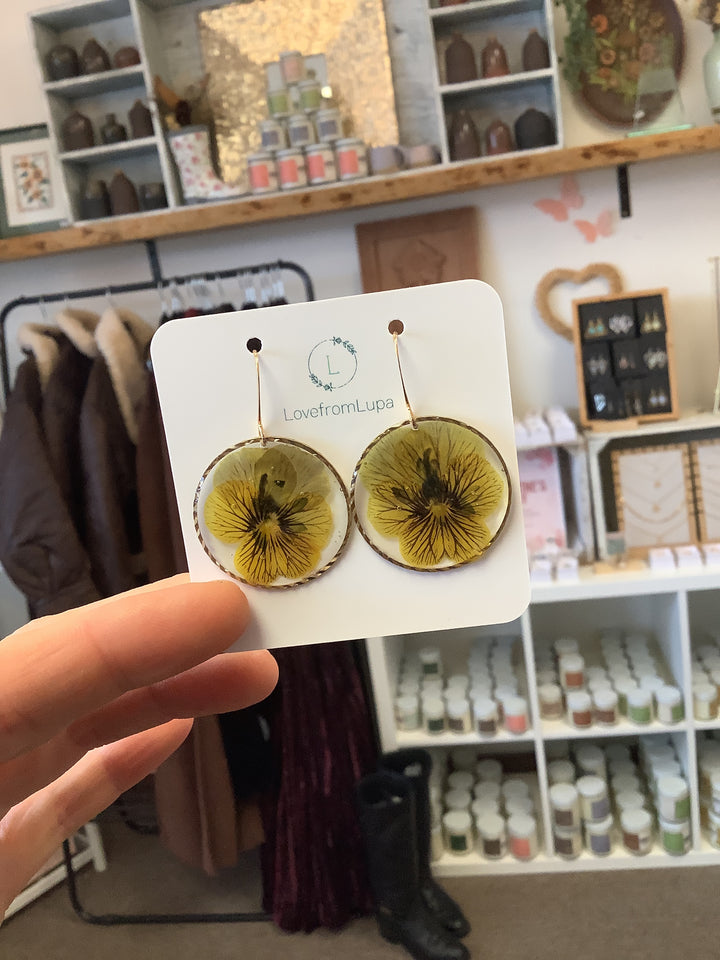 Golden Pansey Resin Earrings- Love From Lupa