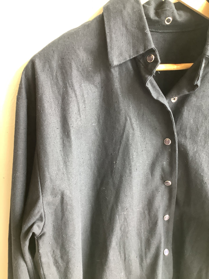 Black Linen+Cotton Blend Button Up