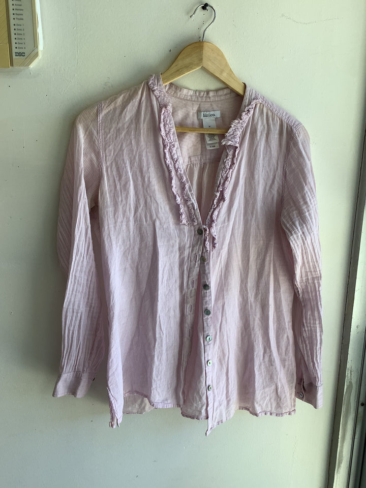 Blush Stripe Ruffle Cotton Blouse