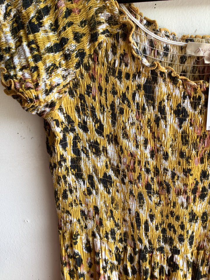 Mustard Floral Smocked Midi Dress