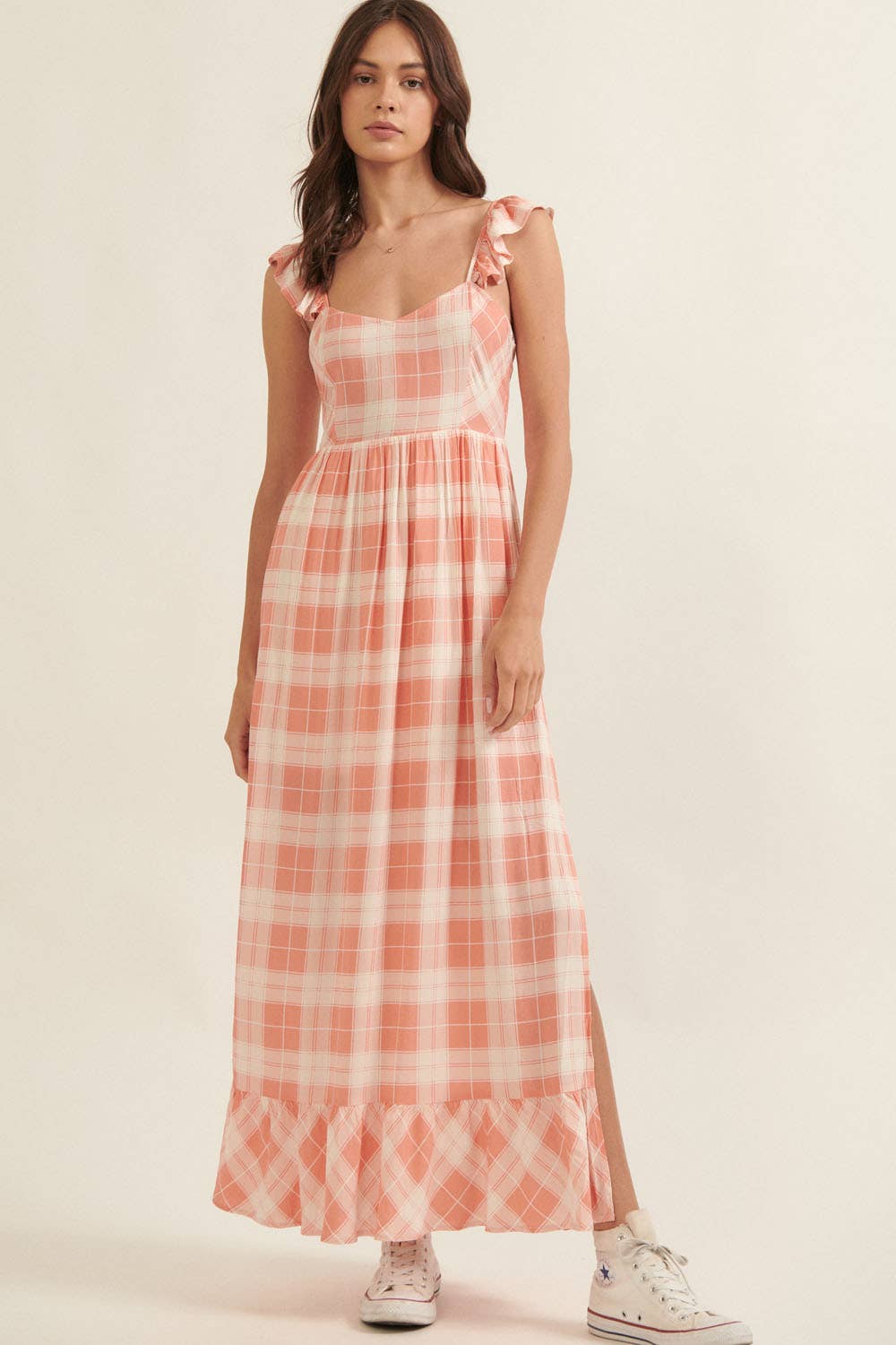 Plaid Sweetheart Sleeveless Open Back Maxi Dress