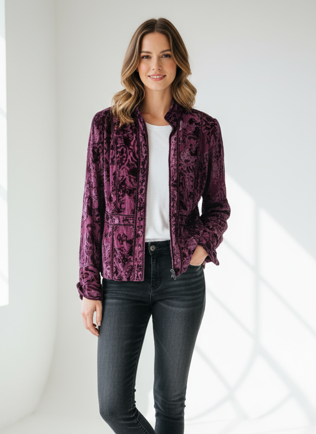 Vintage Crushed Velvet Brocade Jacket- Deep Plum