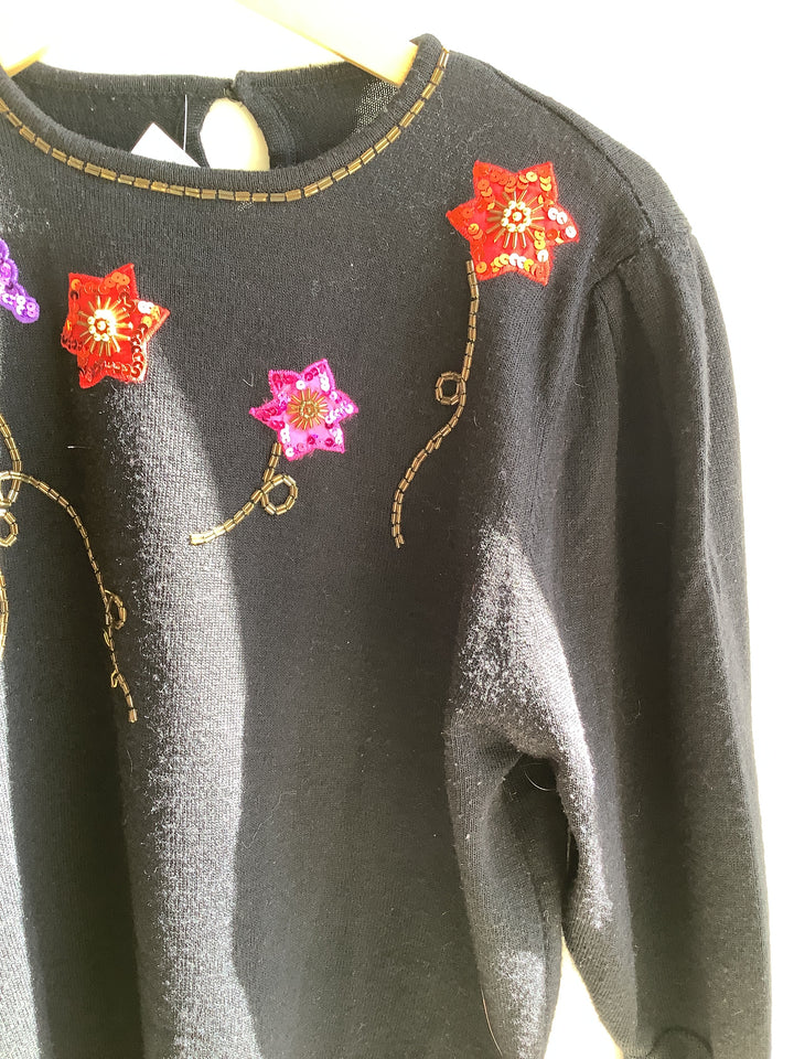 Vintage 80s Sequin Floral Embellished Sweater