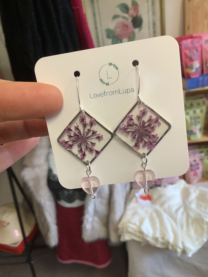 Purple Flower Square Drop Earrings- Love From Lupa