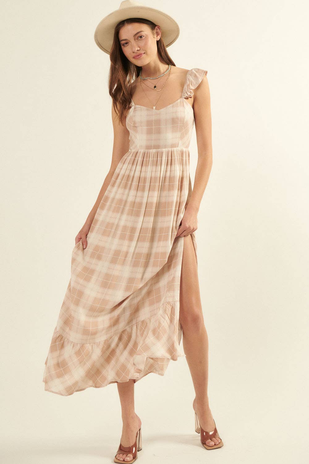 Plaid Sweetheart Sleeveless Open Back Maxi Dress