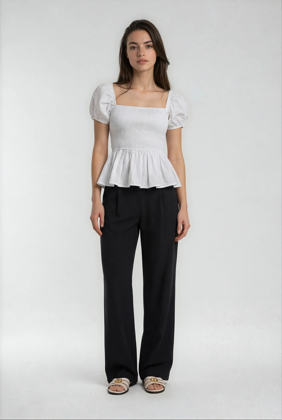 Sera – Cotton Poplin Puff Sleeve Peplum Blouse Top In White