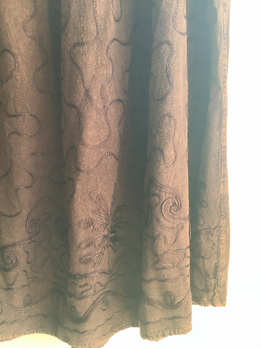 Brown Embroidered Rayon Midi Skirt