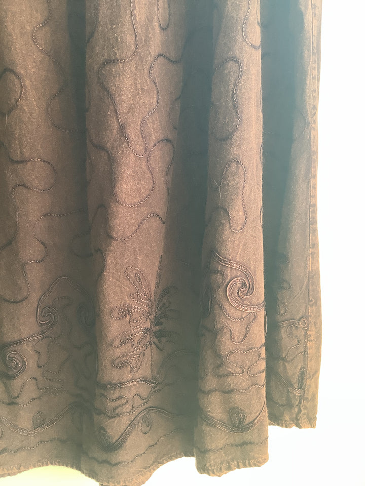 Brown Embroidered Rayon Midi Skirt