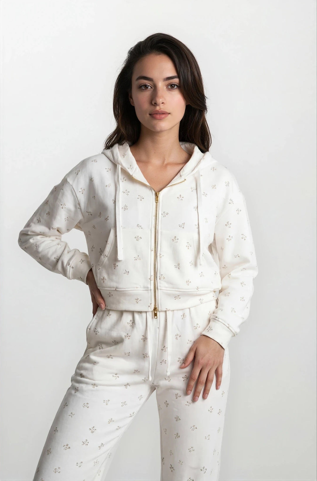 Camille – Cotton Signature Print Zip Hoodie &amp; Jogger Leisure Set 2PC In Floral