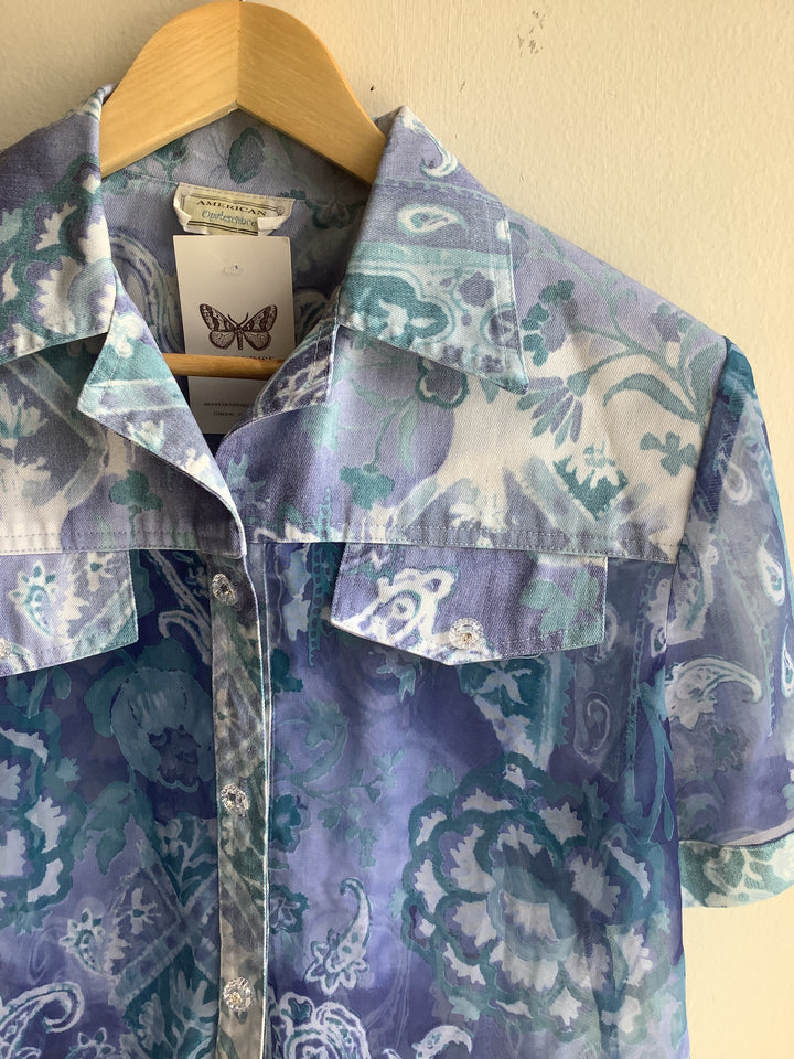 Vintage Sheet Western Shirt | Blue Paisley Bloom | Size Medium