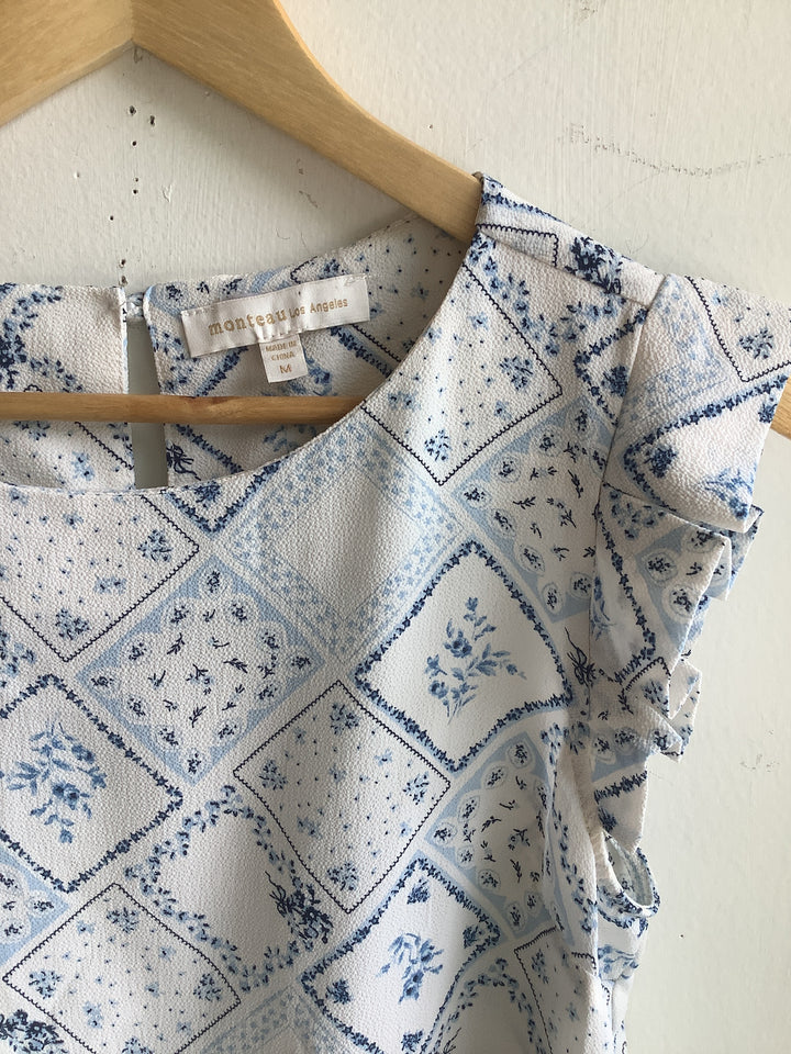 Blue Floral Ruffle Blouse