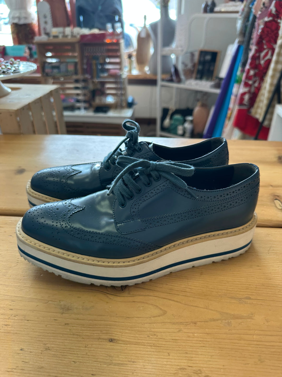 Prada Blue Brougue Leather Wingtip Platform Derby Sneakers Size 38