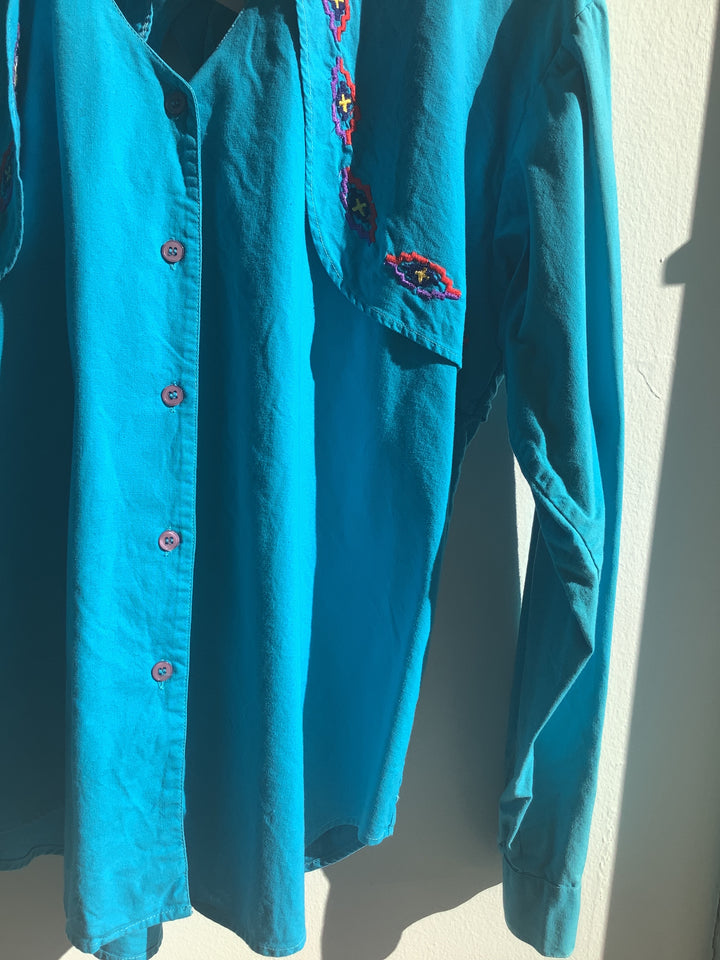 90s Side Saddle Teal Embroidered Western Shirt