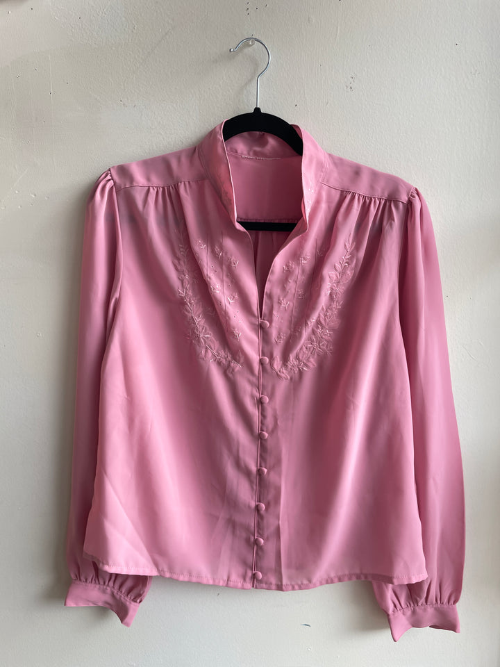Vintage Blush Embroidered Button-Up Blouse