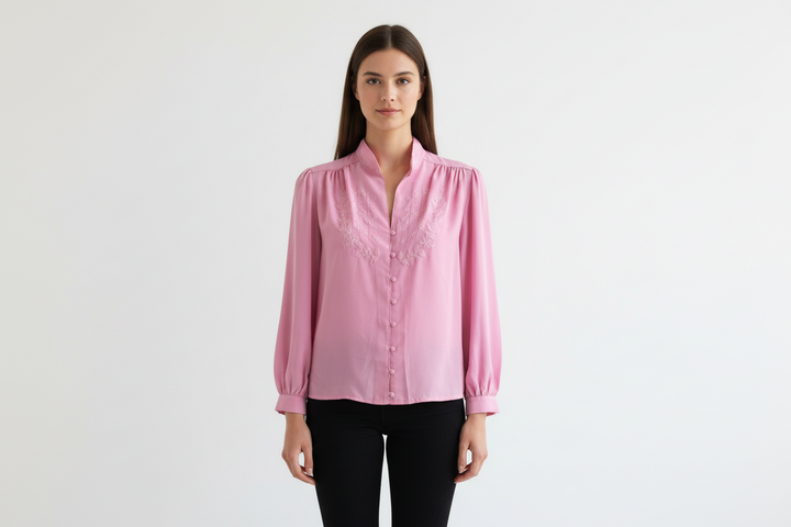 Vintage Blush Embroidered Button-Up Blouse