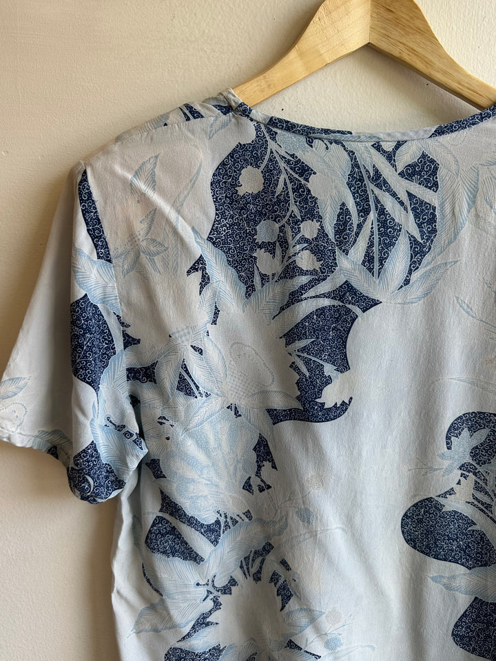 Vintage Soft Sky 100% Silk Tee | Indigo + Cream | Size Medium