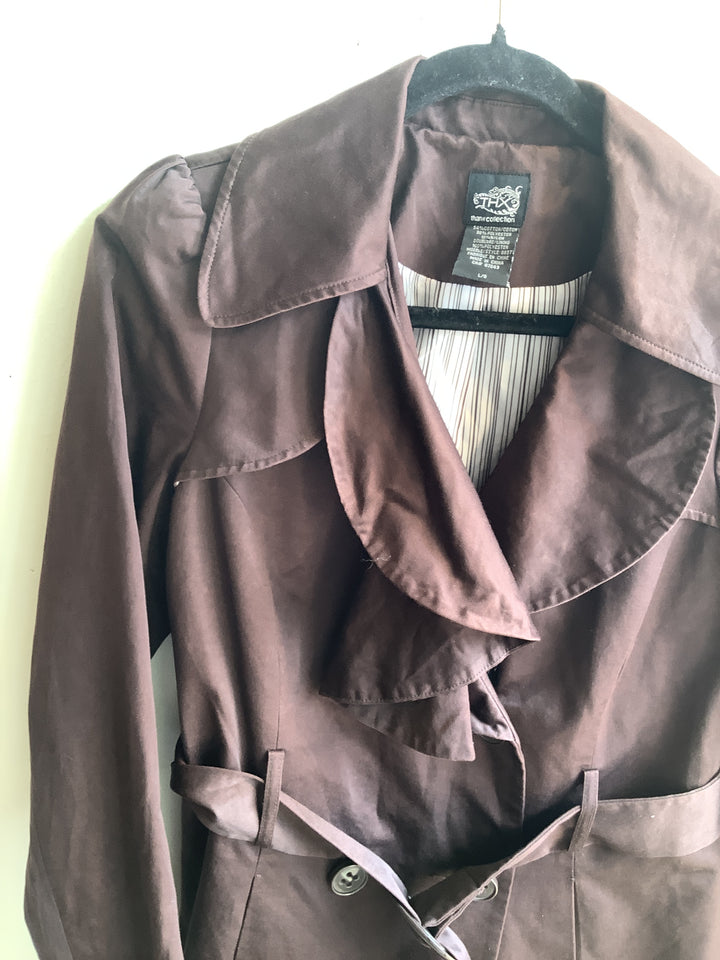Thanx Chocolate Brown Ruffle Trench Coat
