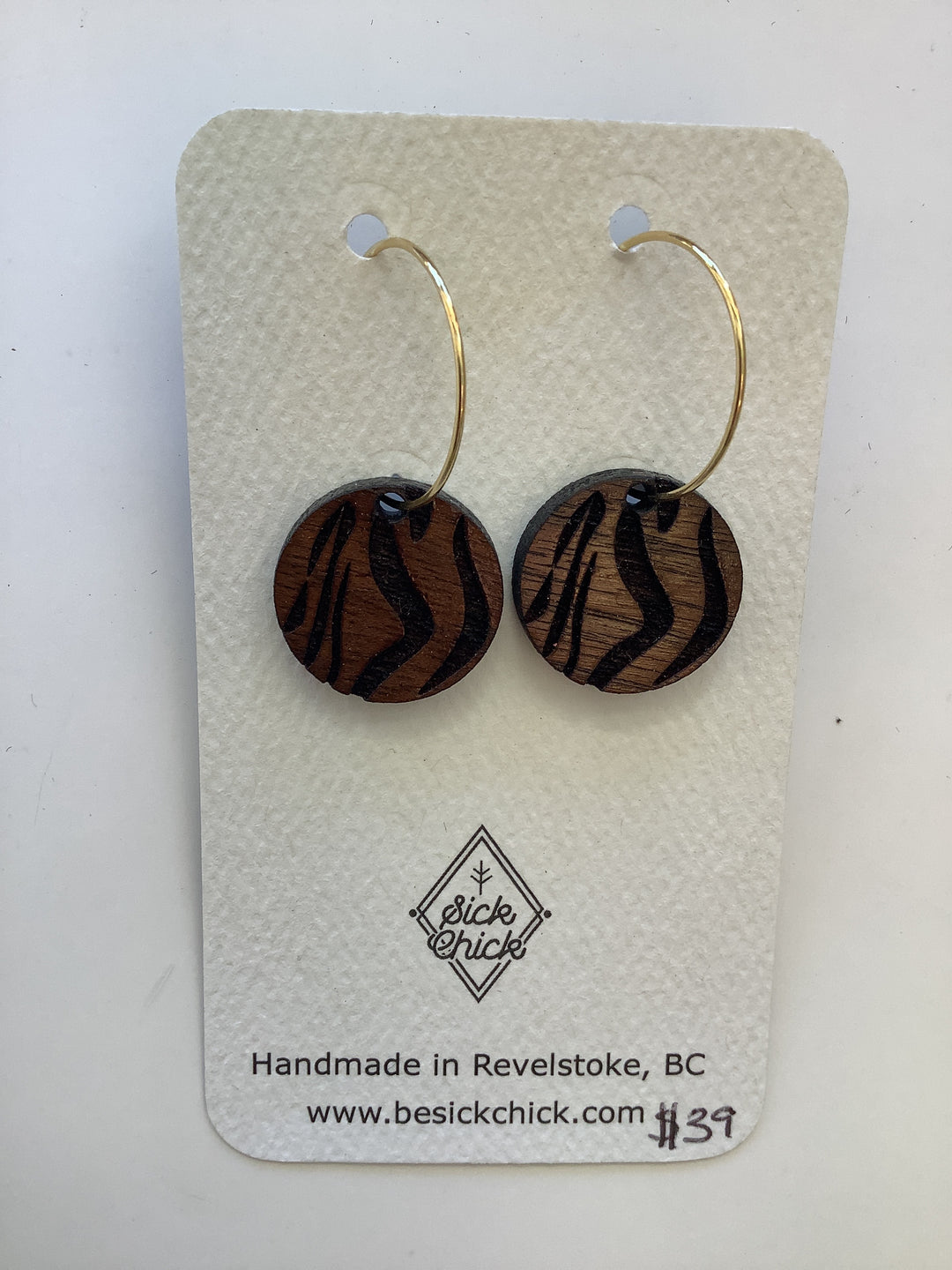 Wooden Zebra Pattern Dangle Earrings - Sick Chick ( Revelstoke, BC)
