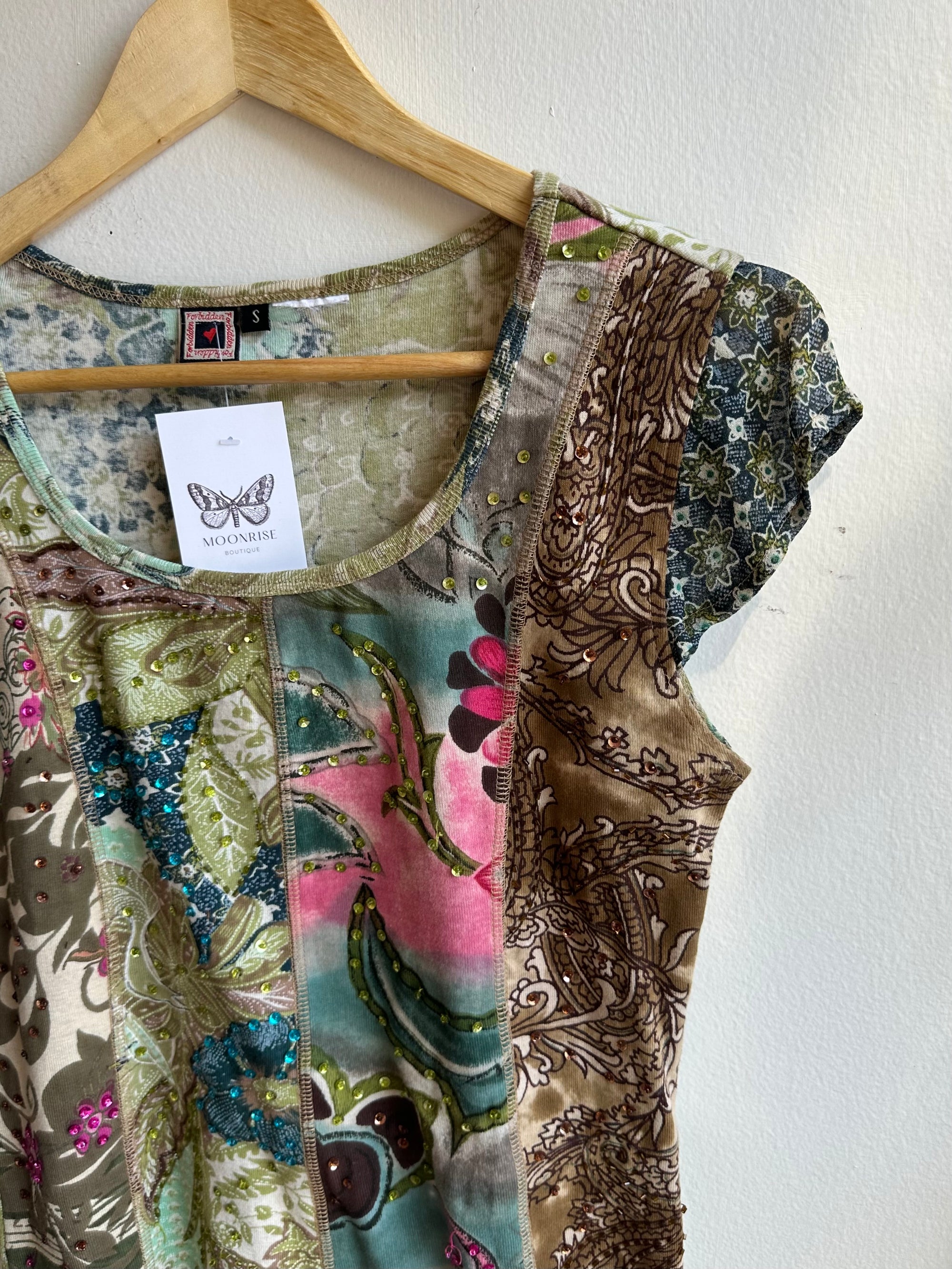 Vintage Y2K Boho Patchwork Cap Sleeve Top | Size Small