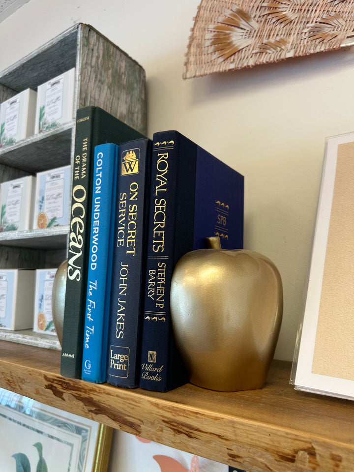 Vintage Heavyweight Gold Ceramic Apple Bookends (Set of 2)