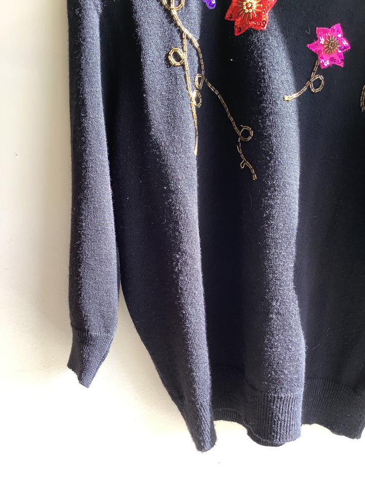 Vintage 80s Sequin Floral Embellished Sweater