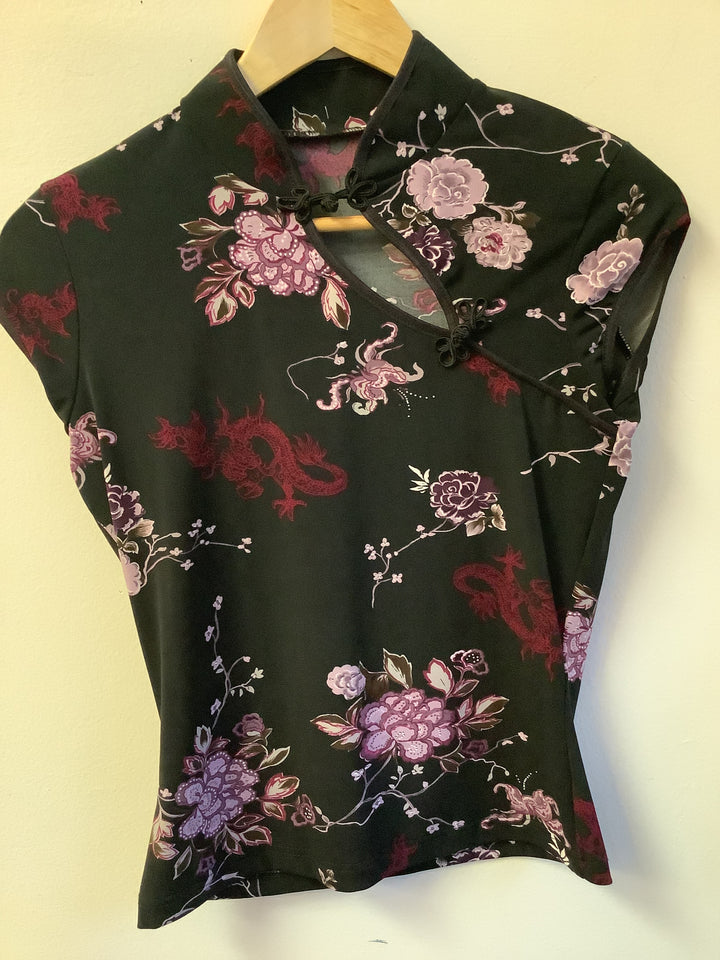 Vintage Dragon Bloom Satin Mandarin Top