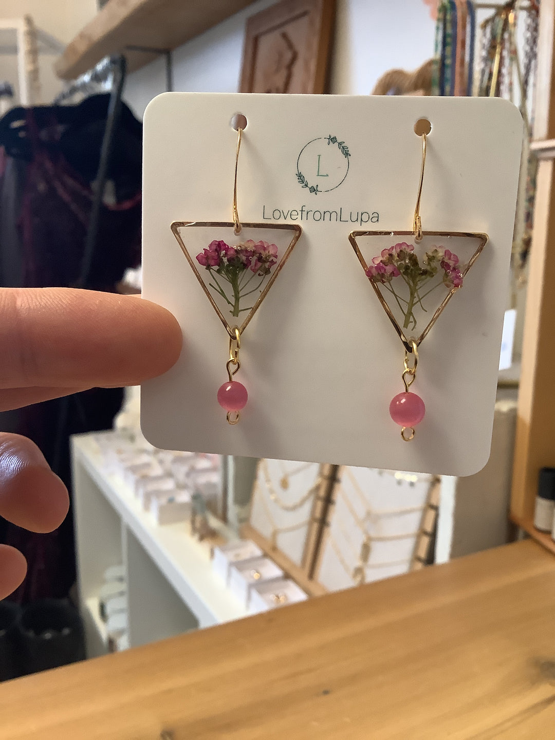 Pink Wildflower Triangle Resin Earrings- Love From Lupa