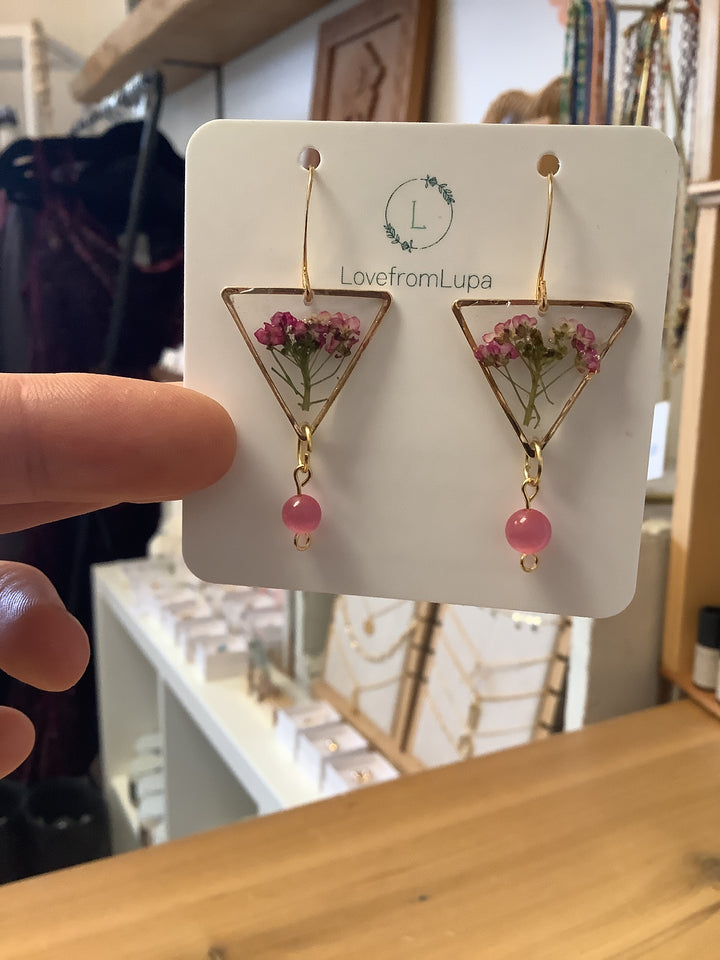 Pink Wildflower Triangle Resin Earrings- Love From Lupa