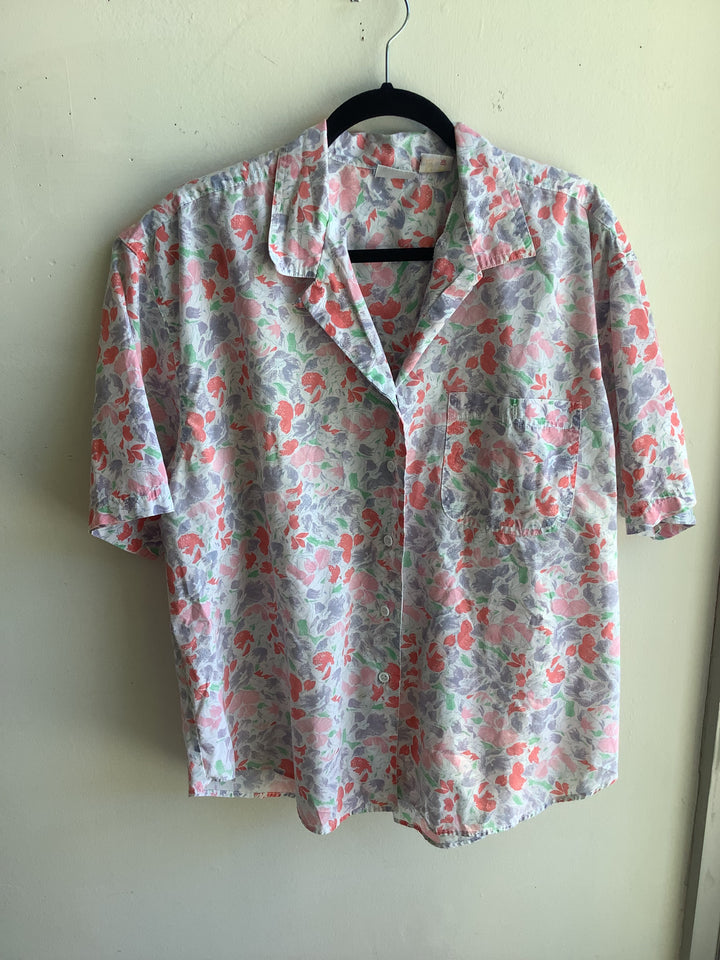 Vintage Pastel Floral Button-Up Blouse