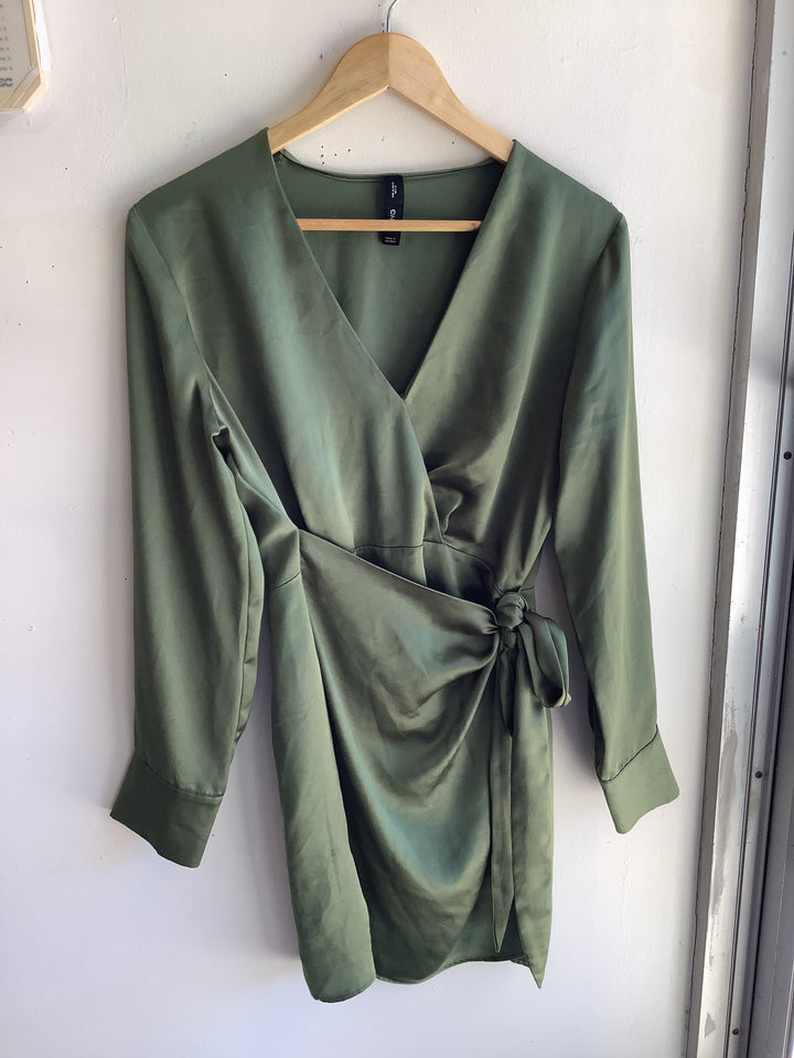Sage Satin Wrap Dress