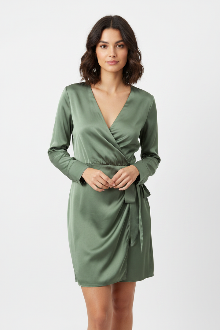 Sage Satin Wrap Dress