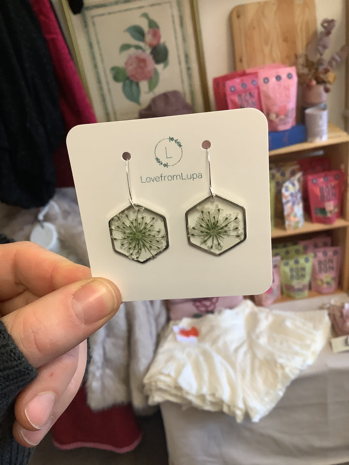 Green Wildflower Hexagon Resin Earrings- Love From Lupa