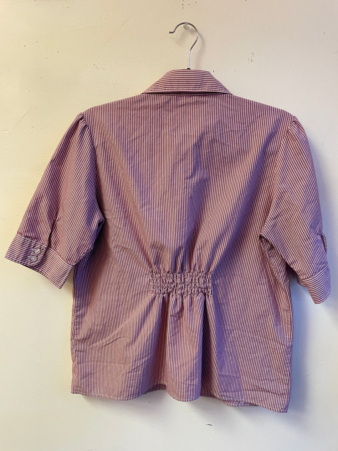 Plum Pinstripe Smocked Back Blouse