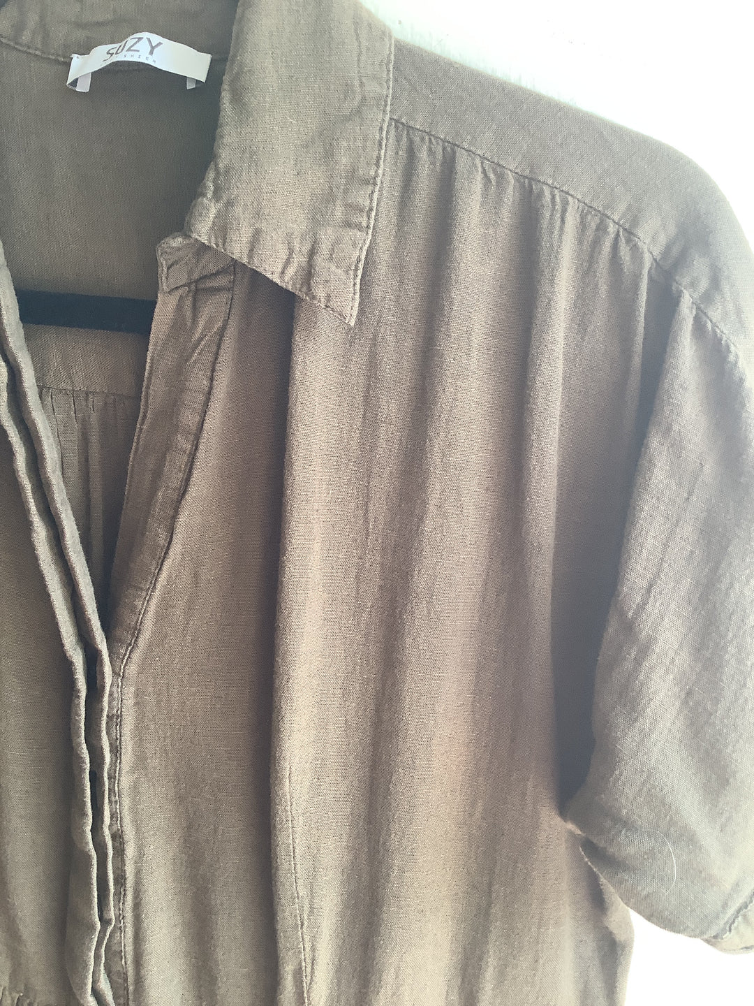 Suzy Shier Olive Linen Blend Midi Shirt Dress