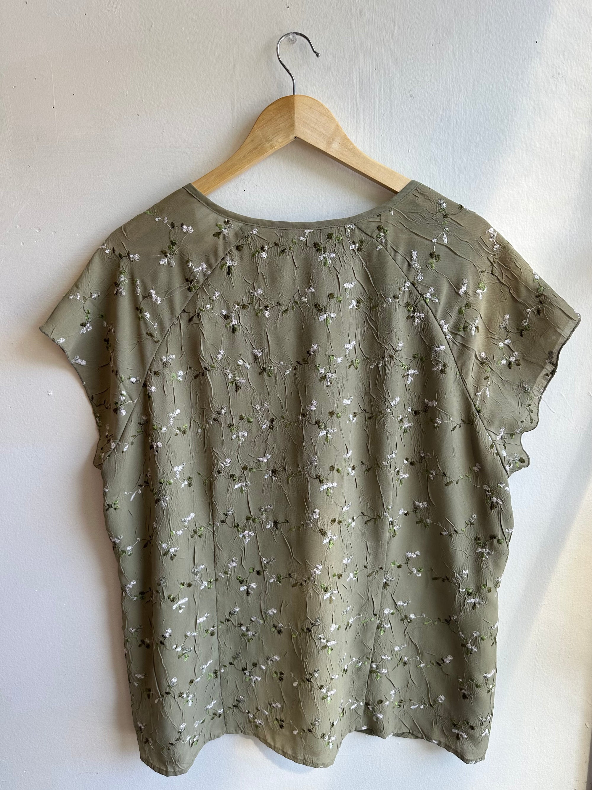 Vintage Sage Blossom Embroidered Top | Size 16