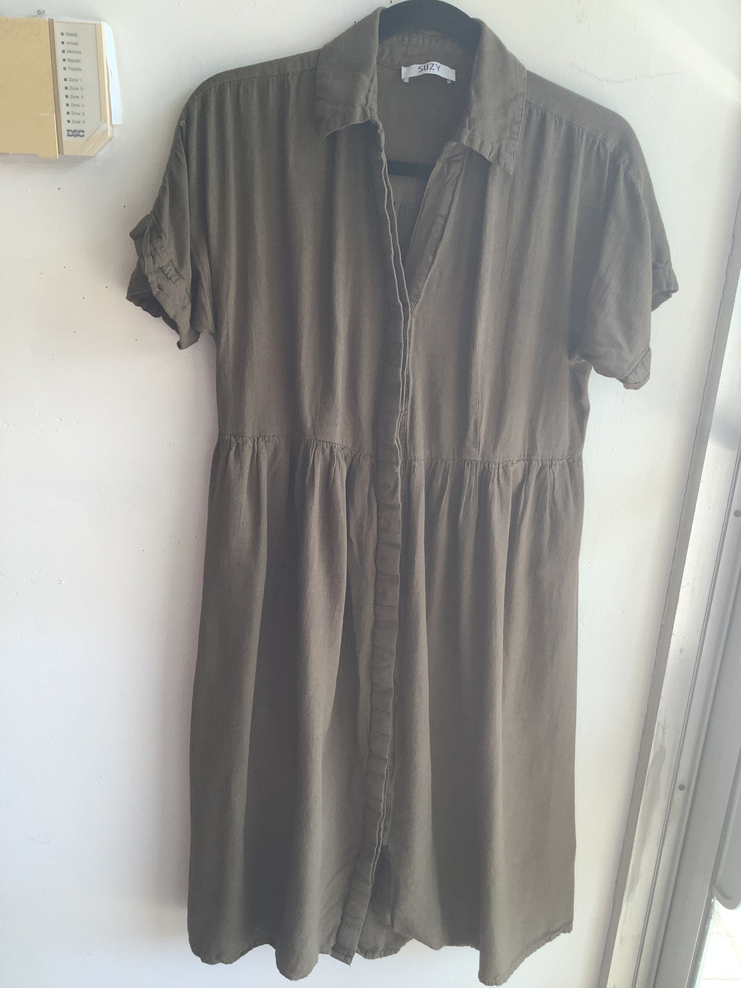 Suzy Shier Olive Linen Blend Midi Shirt Dress