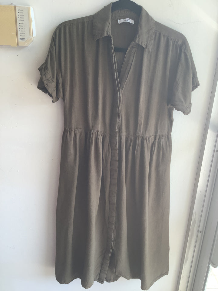 Suzy Shier Olive Linen Blend Midi Shirt Dress