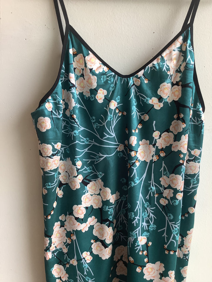 Emerald Blossom Satin Slip Dress