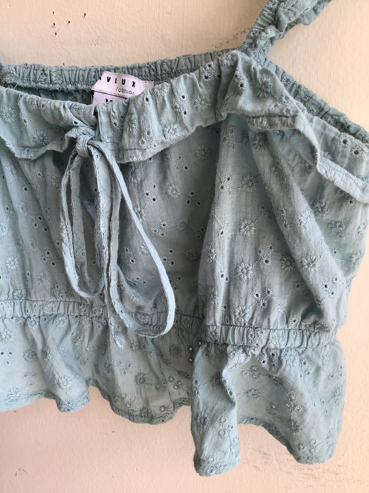 Sage Eyelet Ruffle Crop Top