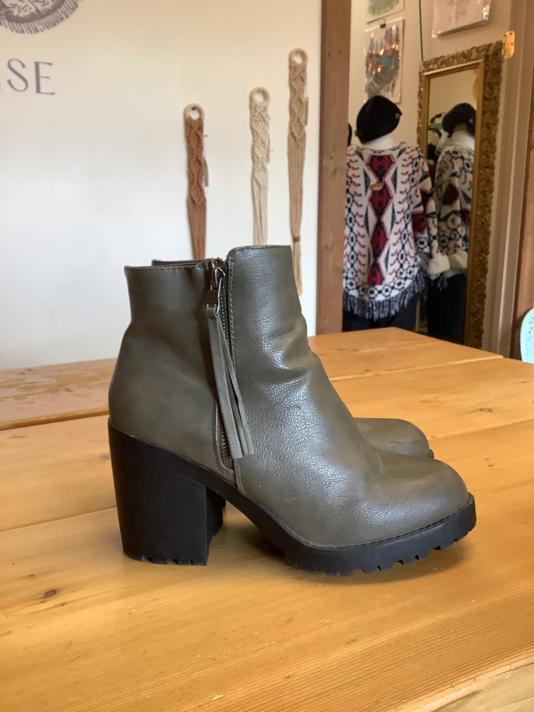 Olive Green Chunky Heel Ankle Boots