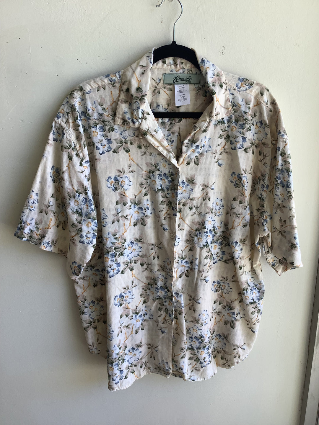 Vintage Penmans Plus Blue Floral Linen Blend Blouse