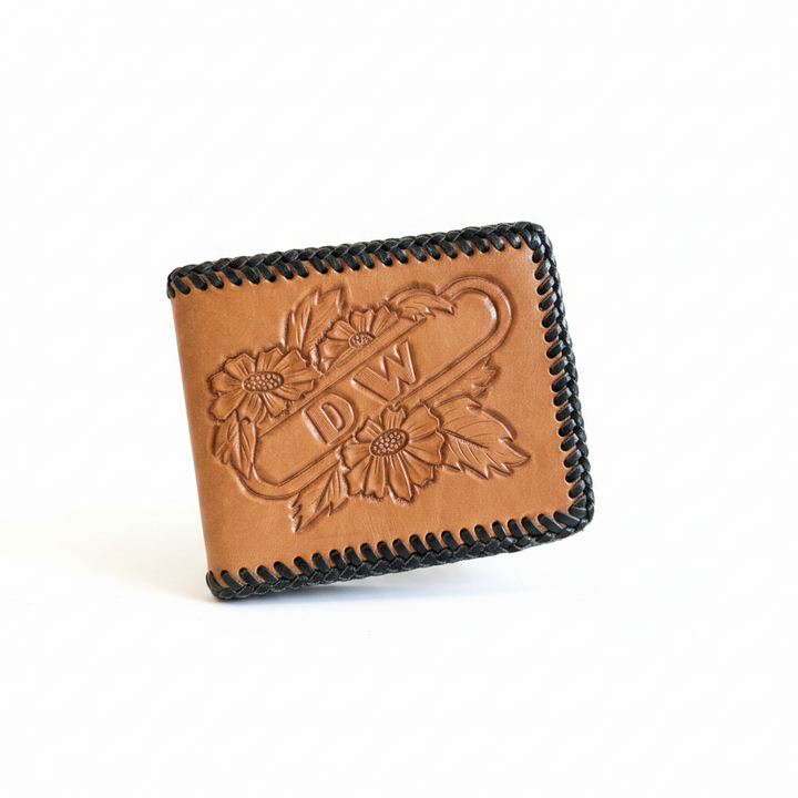 Vintage Hand Carved DW Initial Leather Wallet